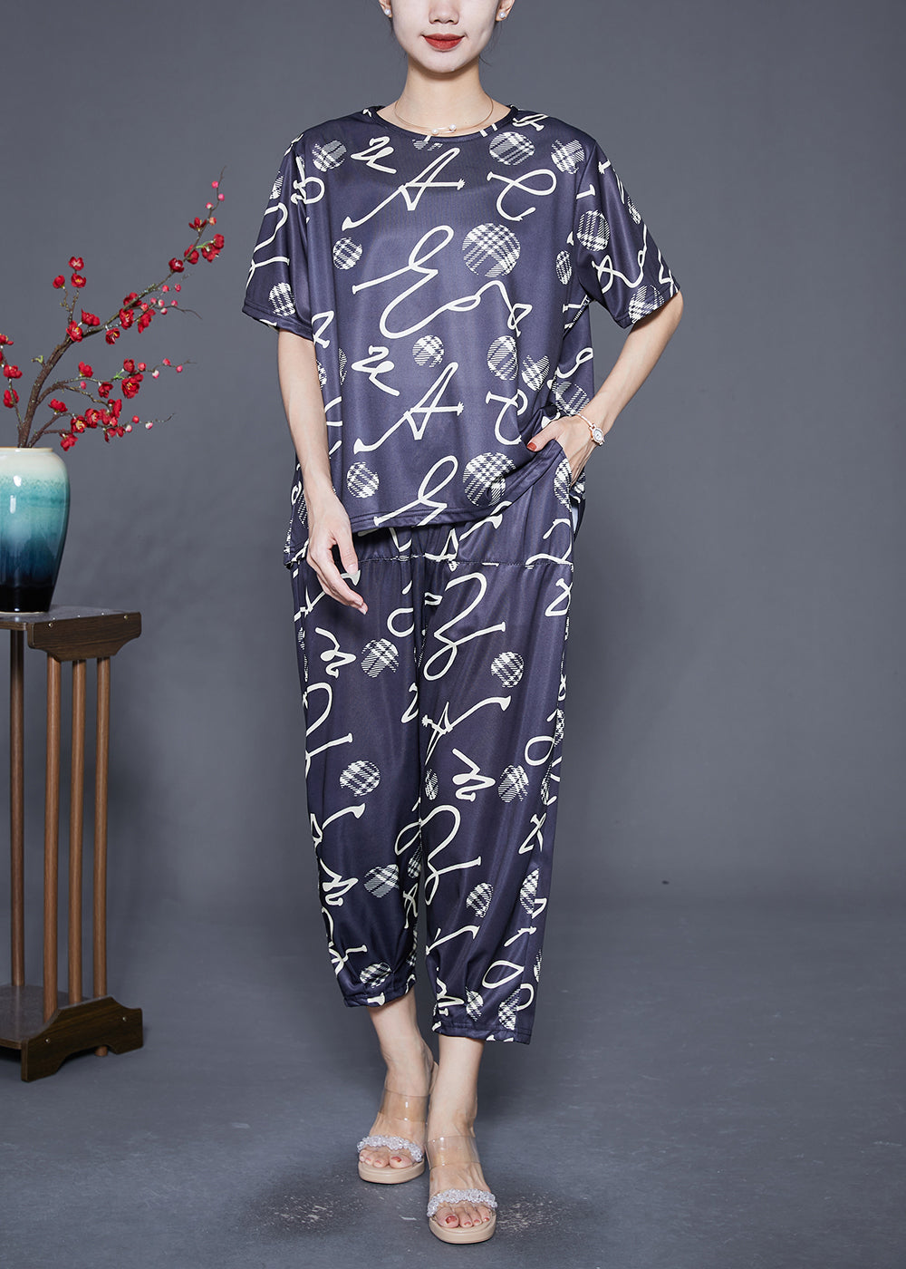 Black O-neck Print Tops and Pants Two-piece Set Summer
