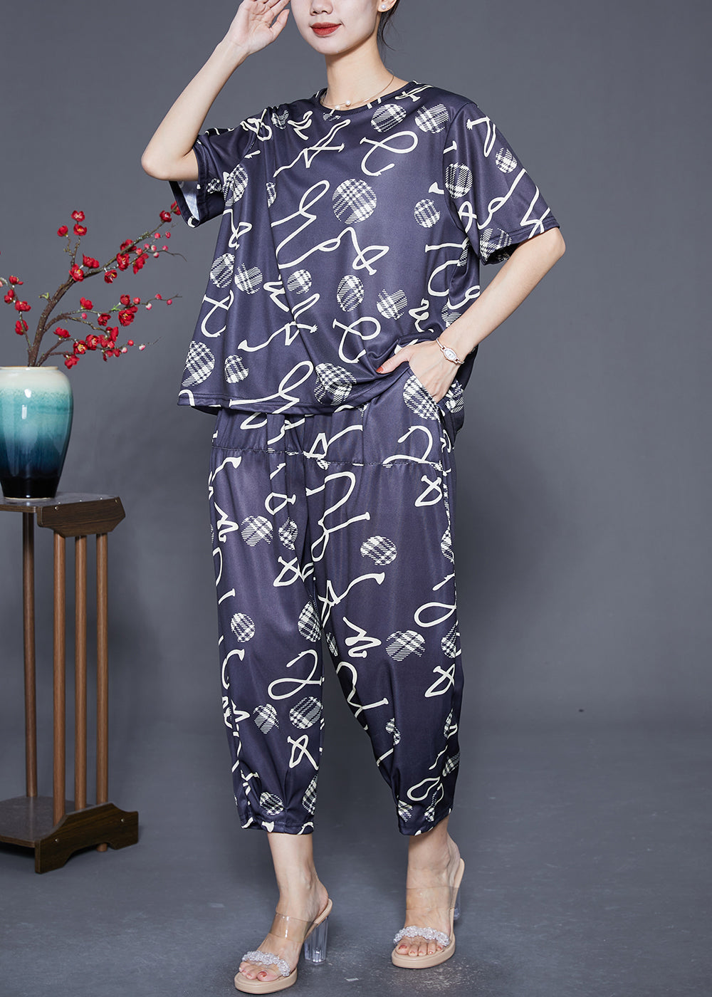 Black O-neck Print Tops and Pants Two-piece Set Summer