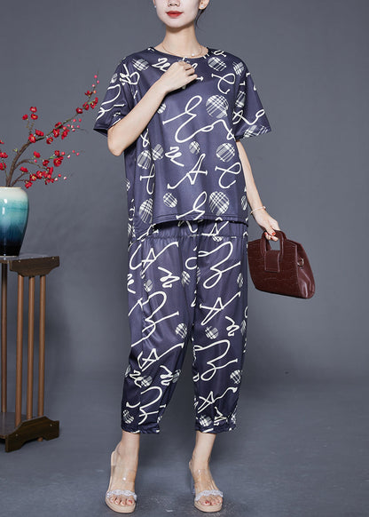 Black O-neck Print Tops and Pants Two-piece Set Summer