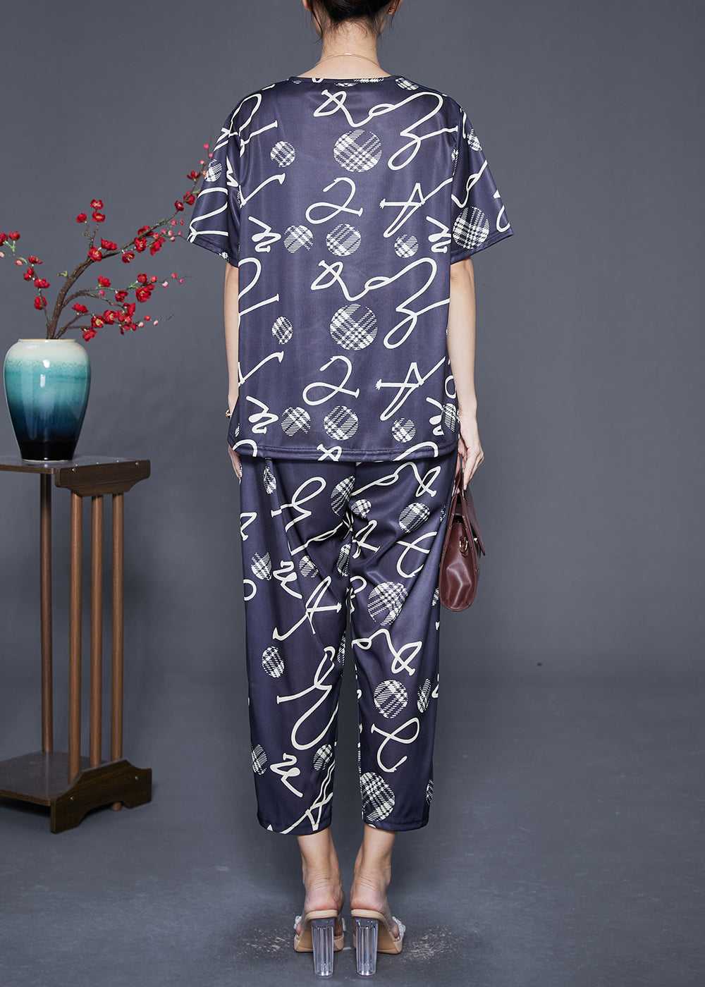 Black O-neck Print Tops and Pants Two-piece Set Summer