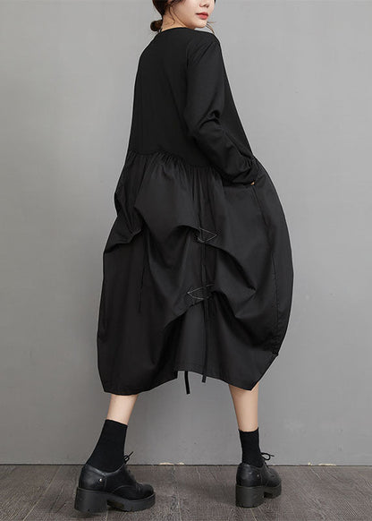 Black O-neck Wrinkled Patchwork Maxi Lantern Dresses Long Sleeve