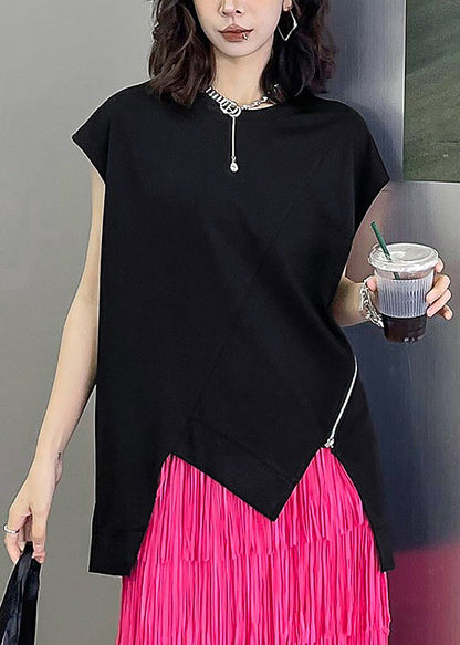 Black O-neck Zippered Top Summer