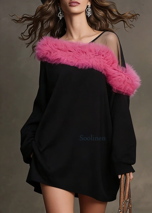Black One Shoulder Patchwork Faux Fur Mini Dresses Spring