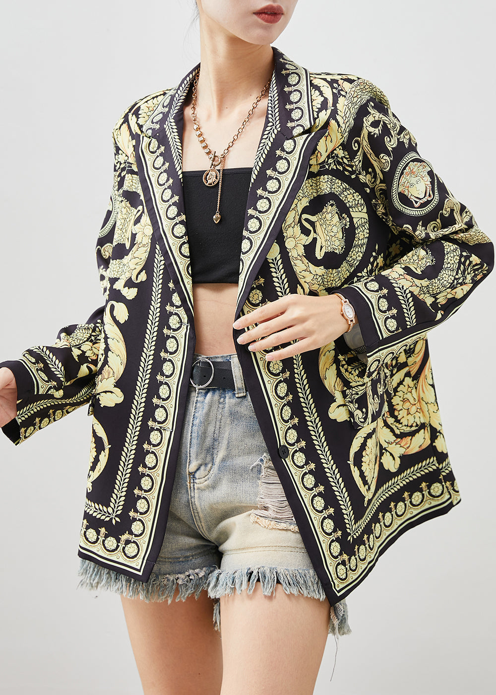 Black Original Design Print Spandex Coat Spring