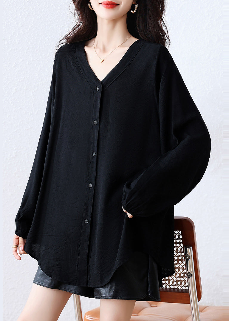 Black Oversized Cotton Blouse Top Fall