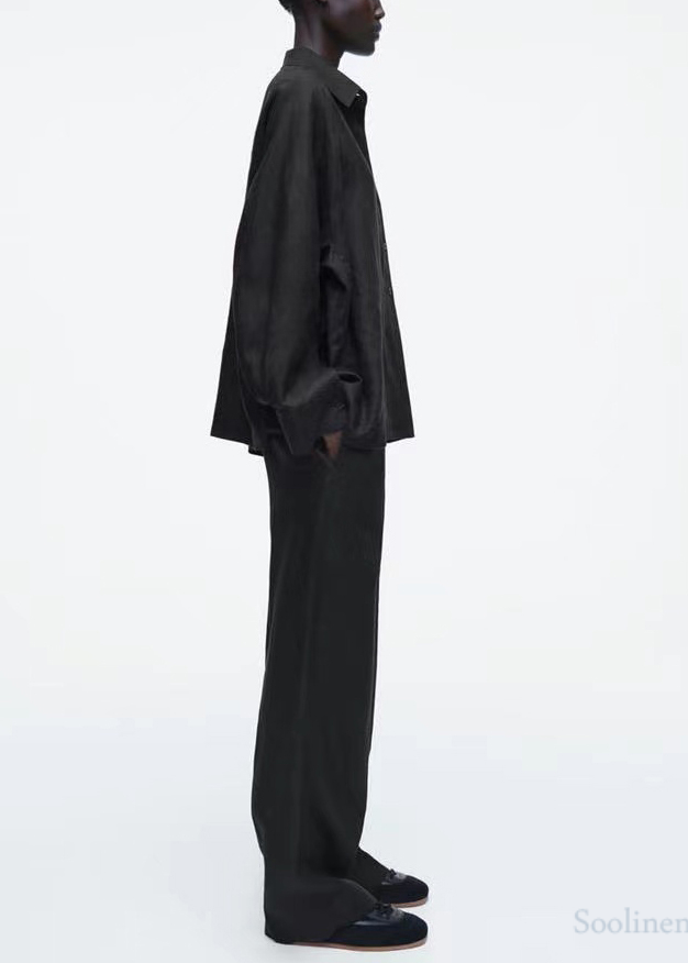 Casual Black Oversized Linen Shirts Fall