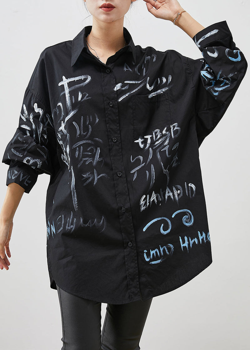 Black Oversized Paintings Cotton Long Shirt Spring
