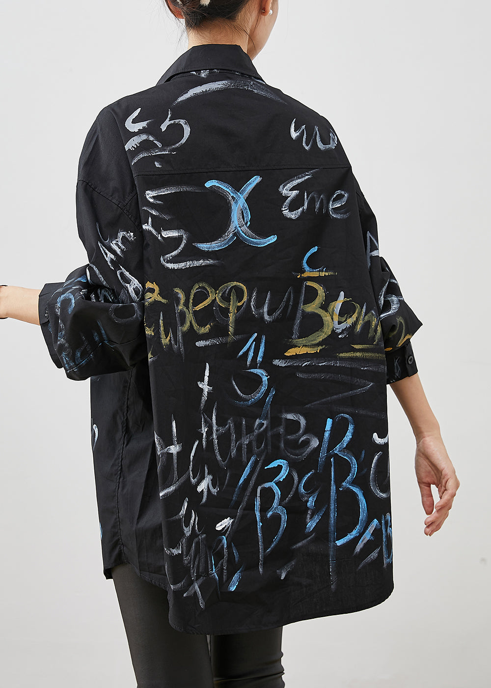 Black Oversized Paintings Cotton Long Shirt Spring