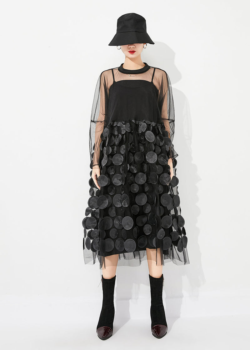 Black Oversized Patchwork Hollow Out Tulle Long Dress Summer