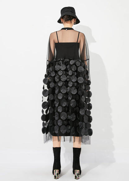 Black Oversized Patchwork Hollow Out Tulle Long Dress Summer