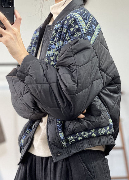 Black Oversized Patchwork Print Fine Cotton Filled Coat Winter