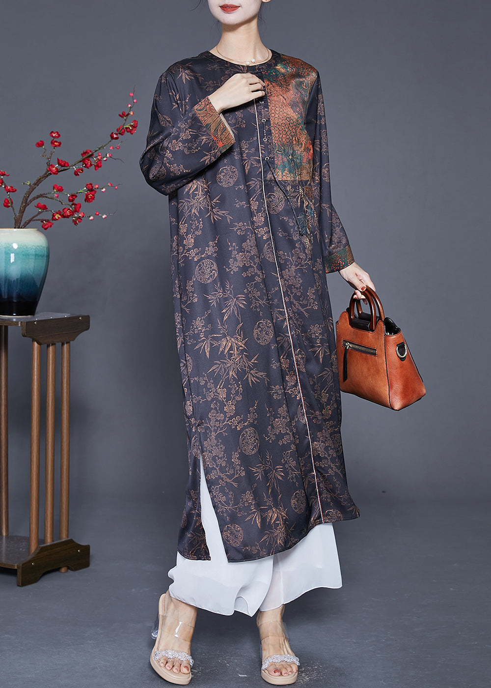 Black Oversized Patchwork Side Open Silk Vacation Dresses Summer