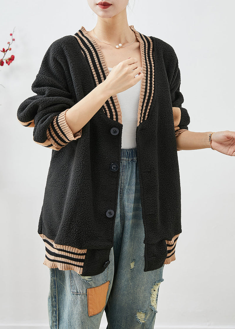 Black Oversized Patchwork Teddy Faux Fur Coats Fall