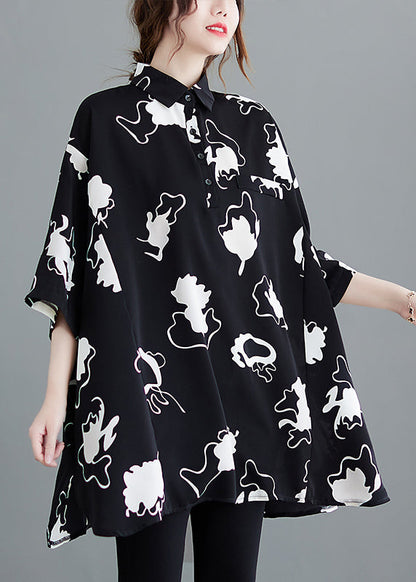 Black Oversized Print Chiffon Long Shirt Half Sleeve