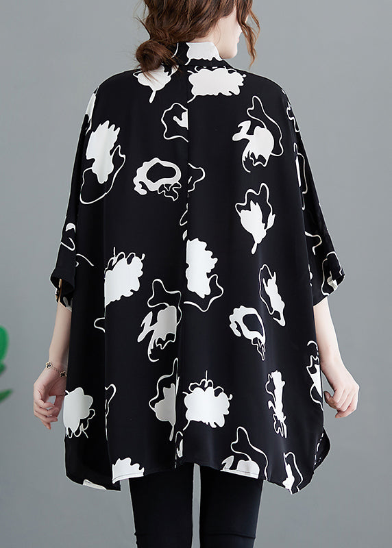 Black Oversized Print Chiffon Long Shirt Half Sleeve