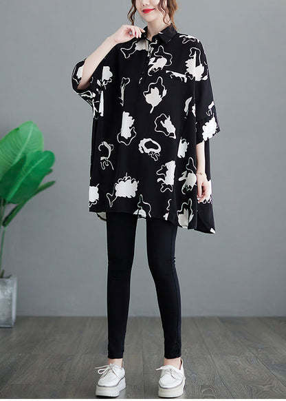 Black Oversized Print Chiffon Long Shirt Half Sleeve