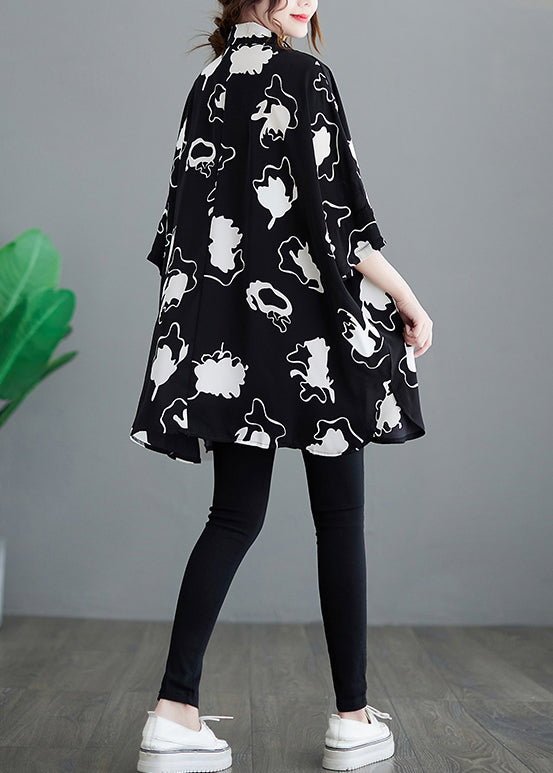 Black Oversized Print Chiffon Long Shirt Half Sleeve