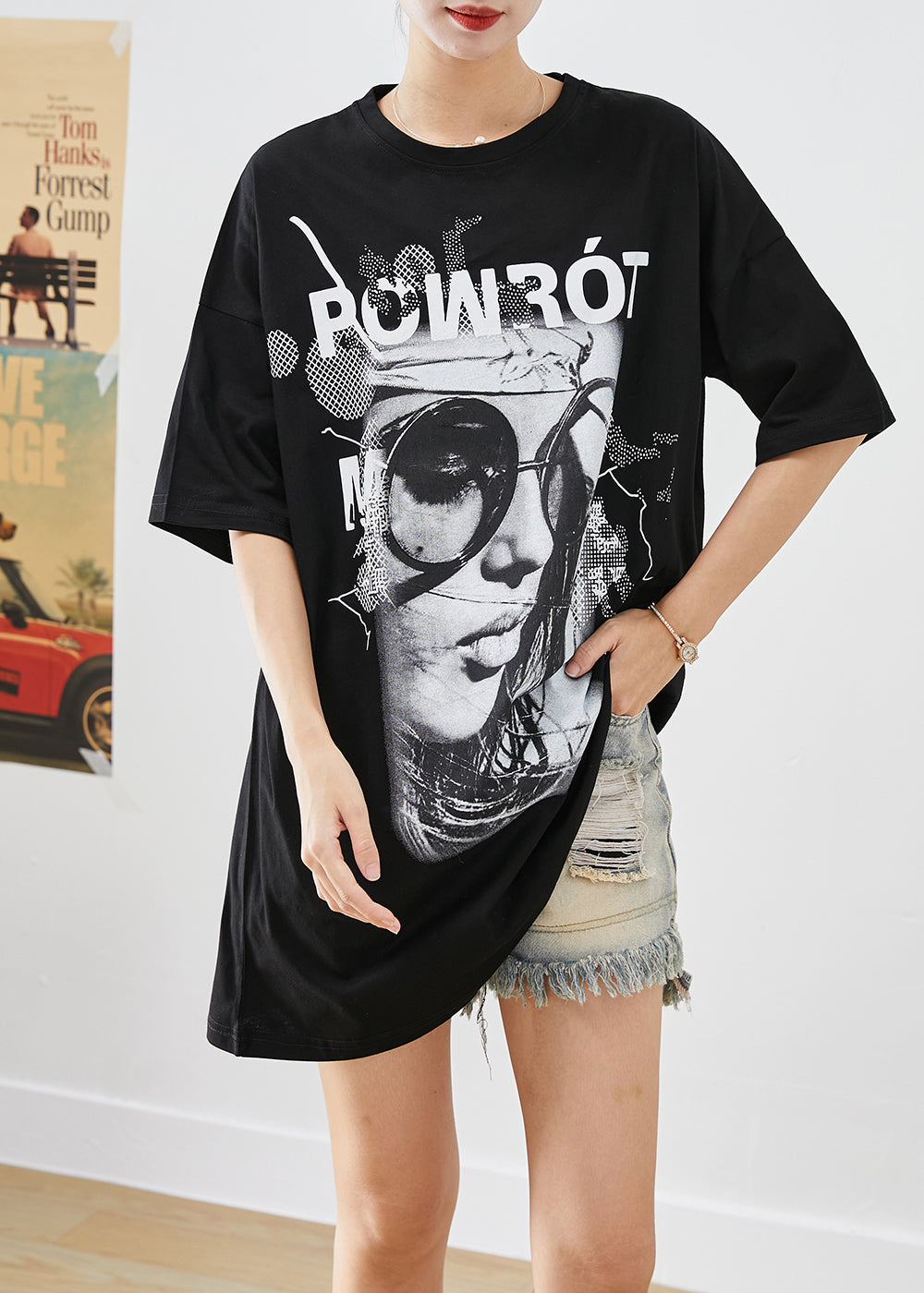 Black Oversized Print Cotton Tank Top Summer