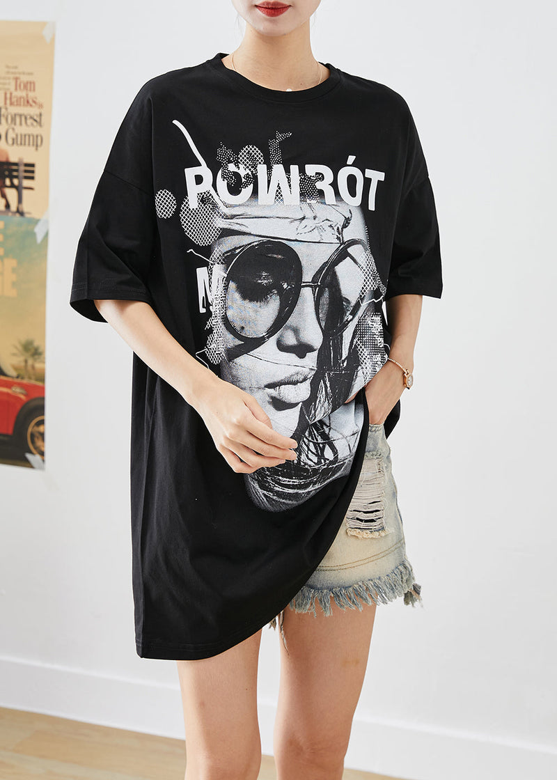 Black Oversized Print Cotton Tank Top Summer