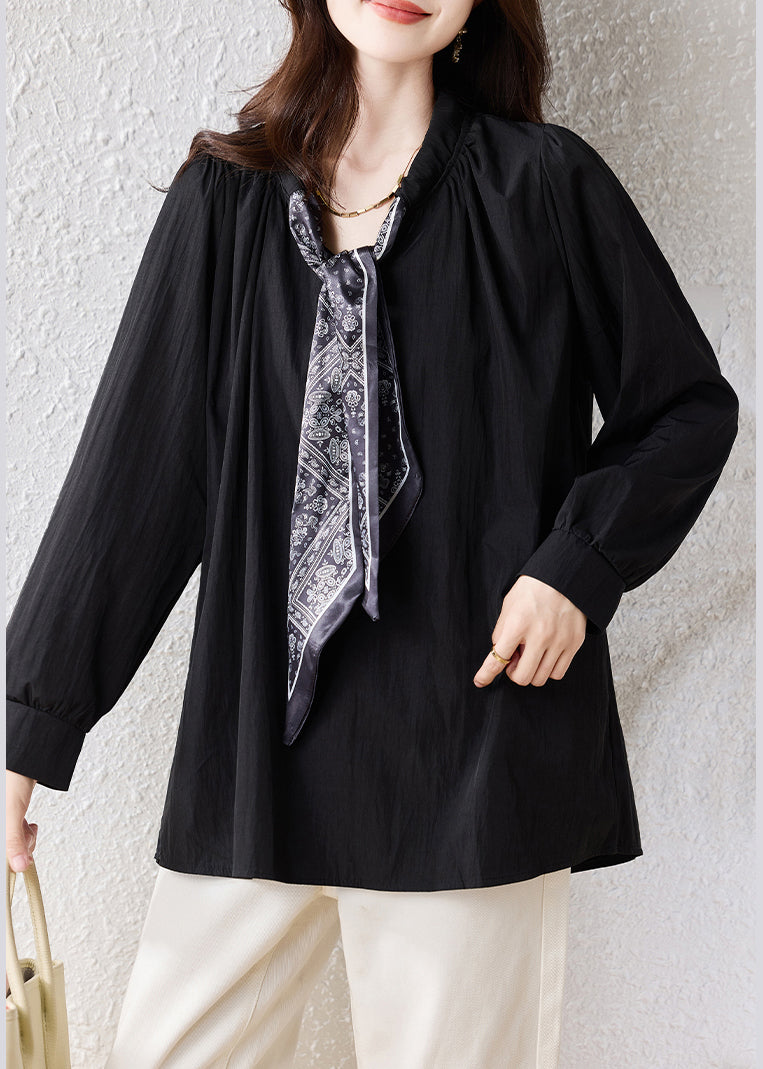 Black Oversized Scarf Cotton Blouse Top Fall