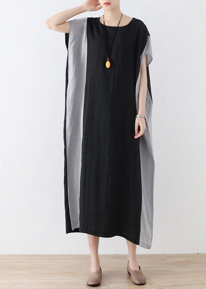 Black Patchwork Bat Wing Sleeve Mid Summer Linen Dress