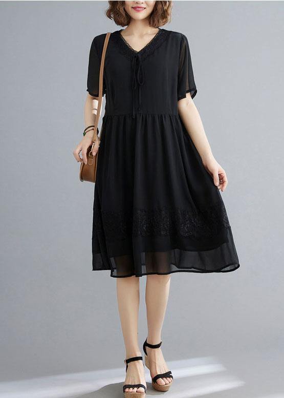 Black Patchwork Lace V Neck Mid Dress Summer Chiffon Dress