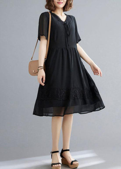 Black Patchwork Lace V Neck Mid Dress Summer Chiffon Dress