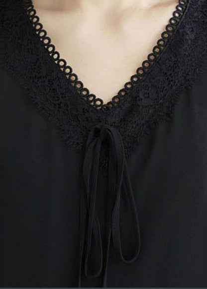 Black Patchwork Lace V Neck Mid Dress Summer Chiffon Dress