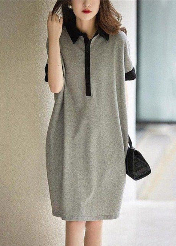 Print1 Peter Pan Collar Button Cotton Maxi Dresses Short Sleeve
