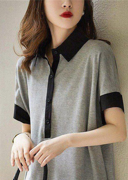 Black Peter Pan Collar Button Cotton Maxi Dresses Short Sleeve