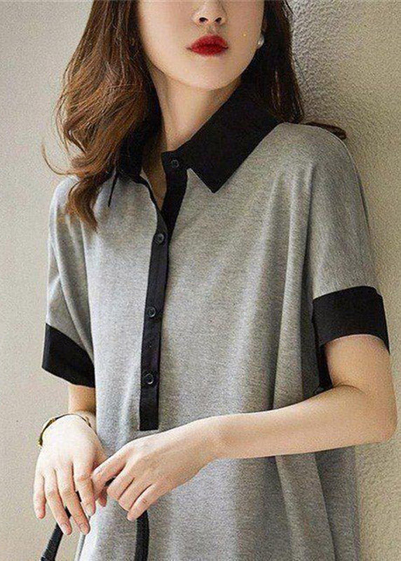 Print2 Peter Pan Collar Button Cotton Maxi Dresses Short Sleeve