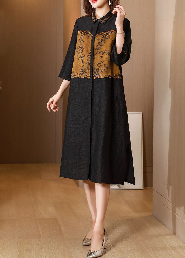 Black Peter Pan Collar Embroidery Patchwork Silk Cinch Trench Spring