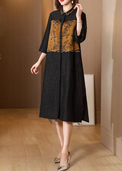 Black Peter Pan Collar Embroidery Patchwork Silk Cinch Trench Spring