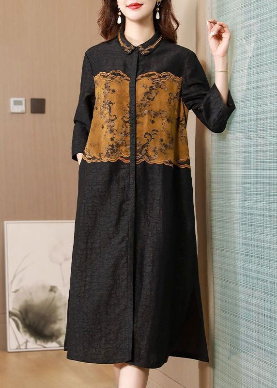 Black Peter Pan Collar Embroidery Patchwork Silk Cinch Trench Spring