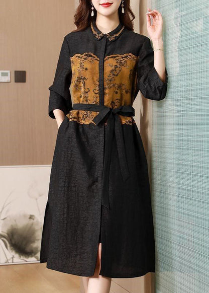 Black Peter Pan Collar Embroidery Patchwork Silk Cinch Trench Spring