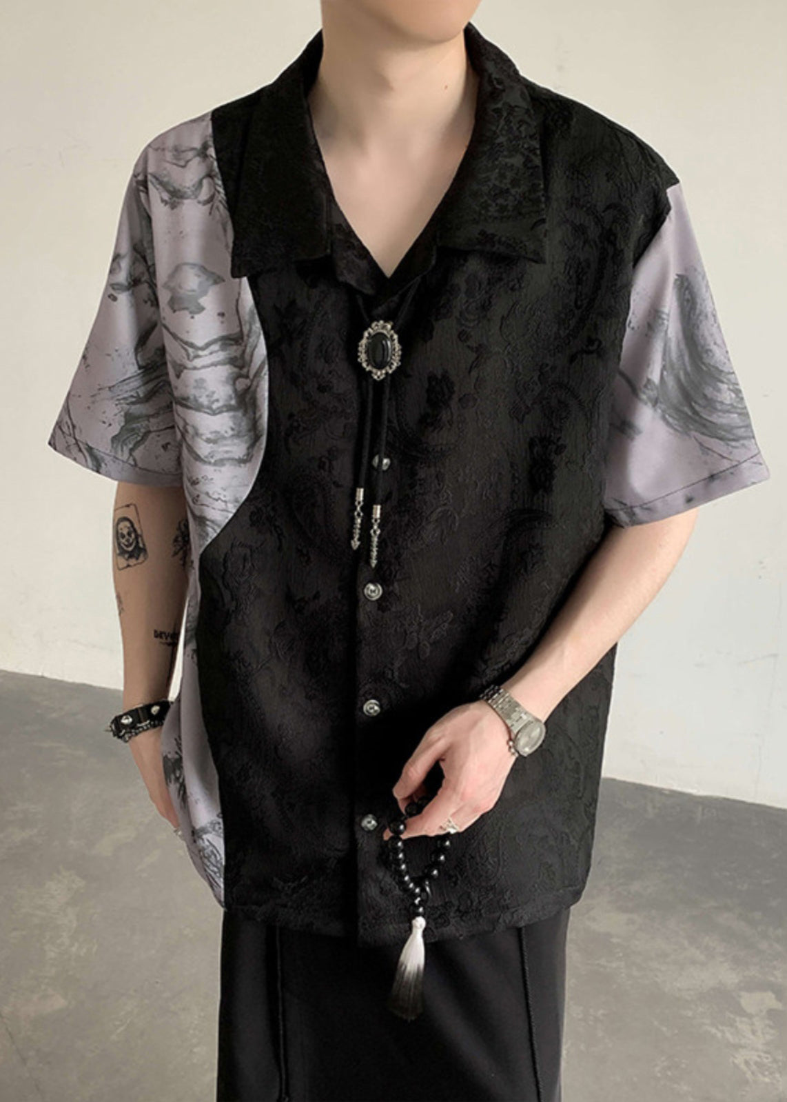 Black Peter Pan Collar Jacquard Patchwork Ice Silk Shirts Summer