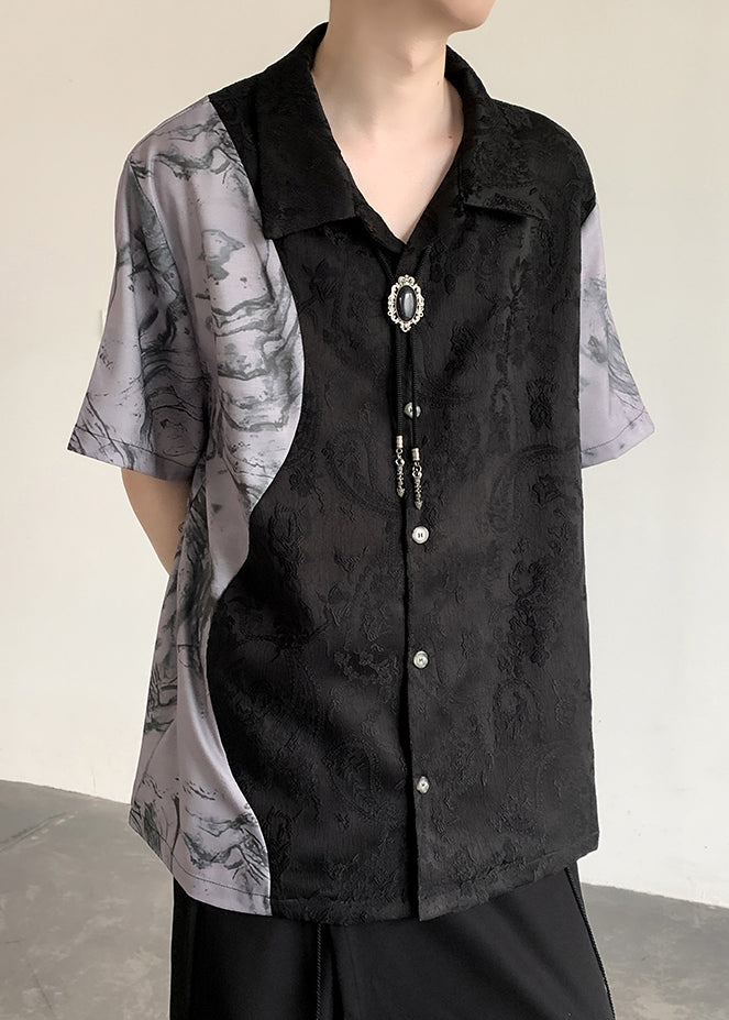 Black Peter Pan Collar Jacquard Patchwork Ice Silk Shirts Summer