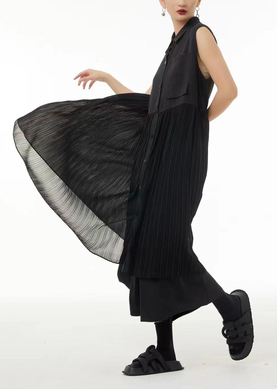 Black Peter Pan Collar Patchwork Chiffon Pleated Dress Sleeveless