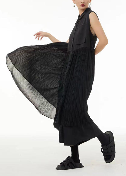 Black Peter Pan Collar Patchwork Chiffon Pleated Dress Sleeveless