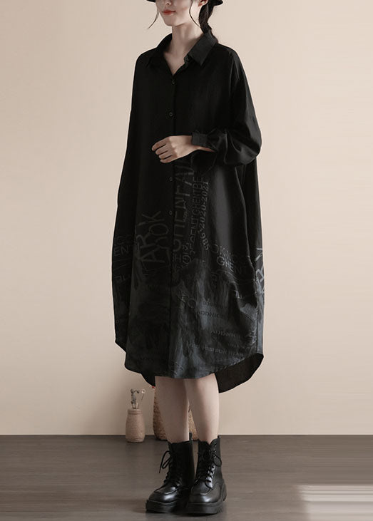 Black Peter Pan Collar Patchwork Linen Shirts Dress Spring