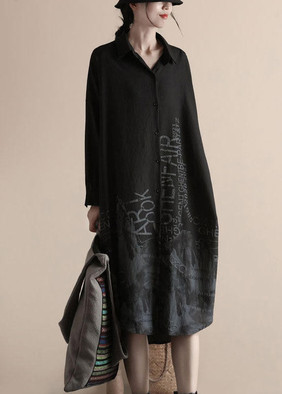 Black Peter Pan Collar Patchwork Linen Shirts Dress Spring