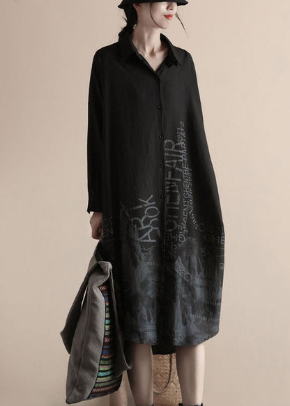 Black Peter Pan Collar Patchwork Linen Shirts Dress Spring
