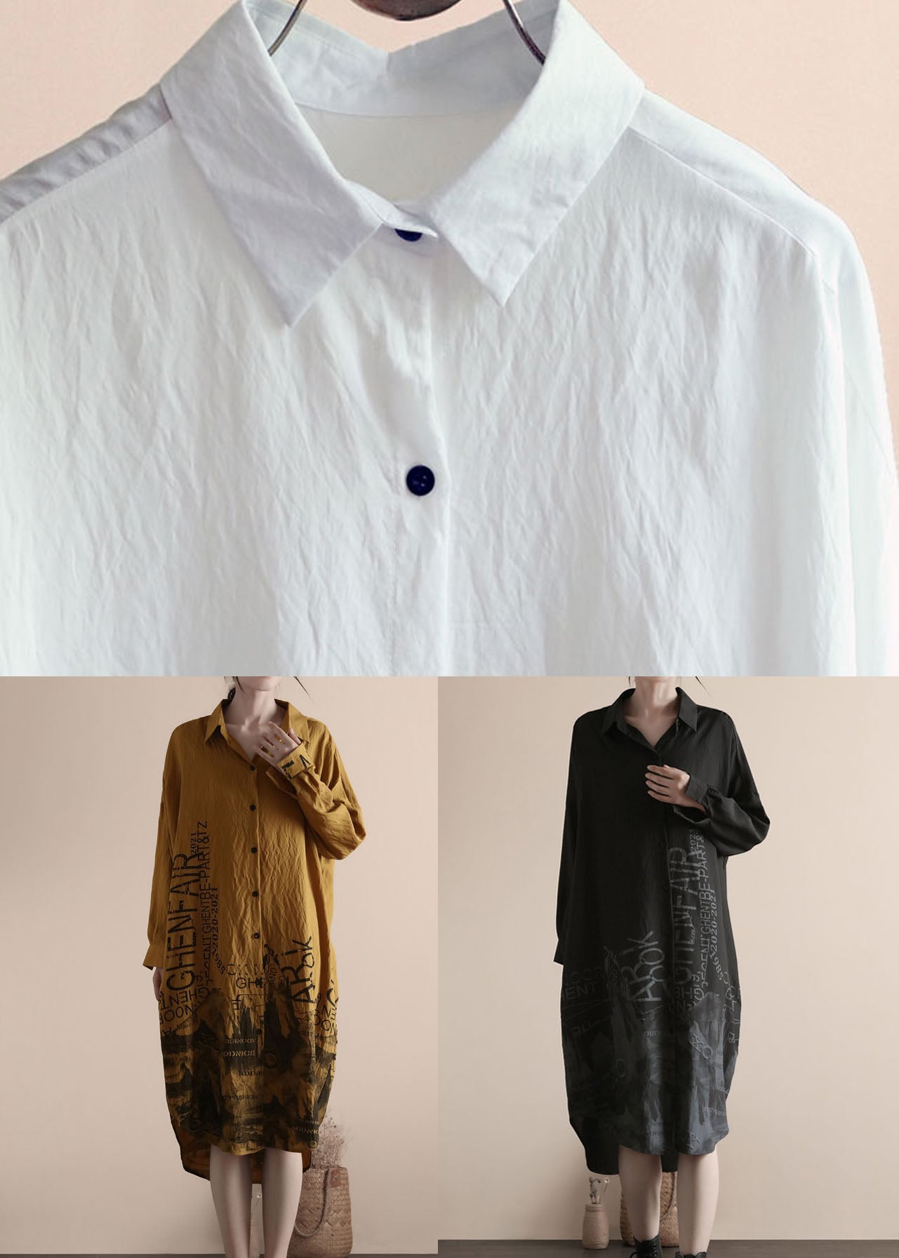 Black Peter Pan Collar Patchwork Linen Shirts Dress Spring