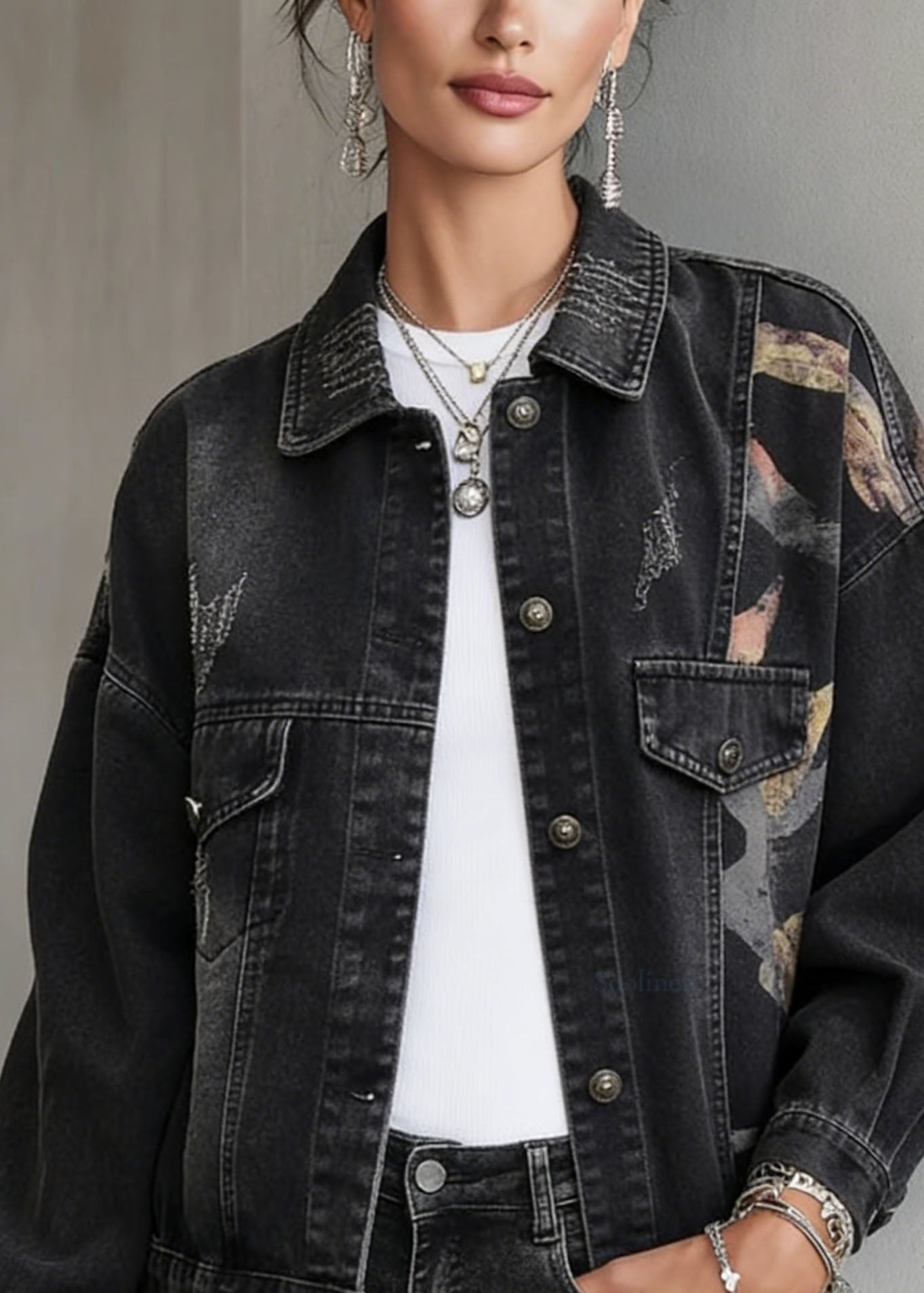 Black Peter Pan Collar Pockets Print Denim Jackets Spring