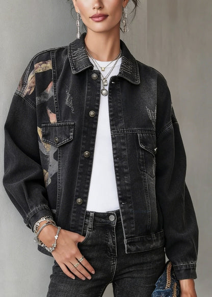 Black Peter Pan Collar Pockets Print Denim Jackets Spring