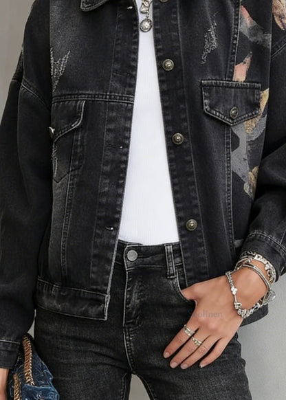 Black Peter Pan Collar Pockets Print Denim Jackets Spring