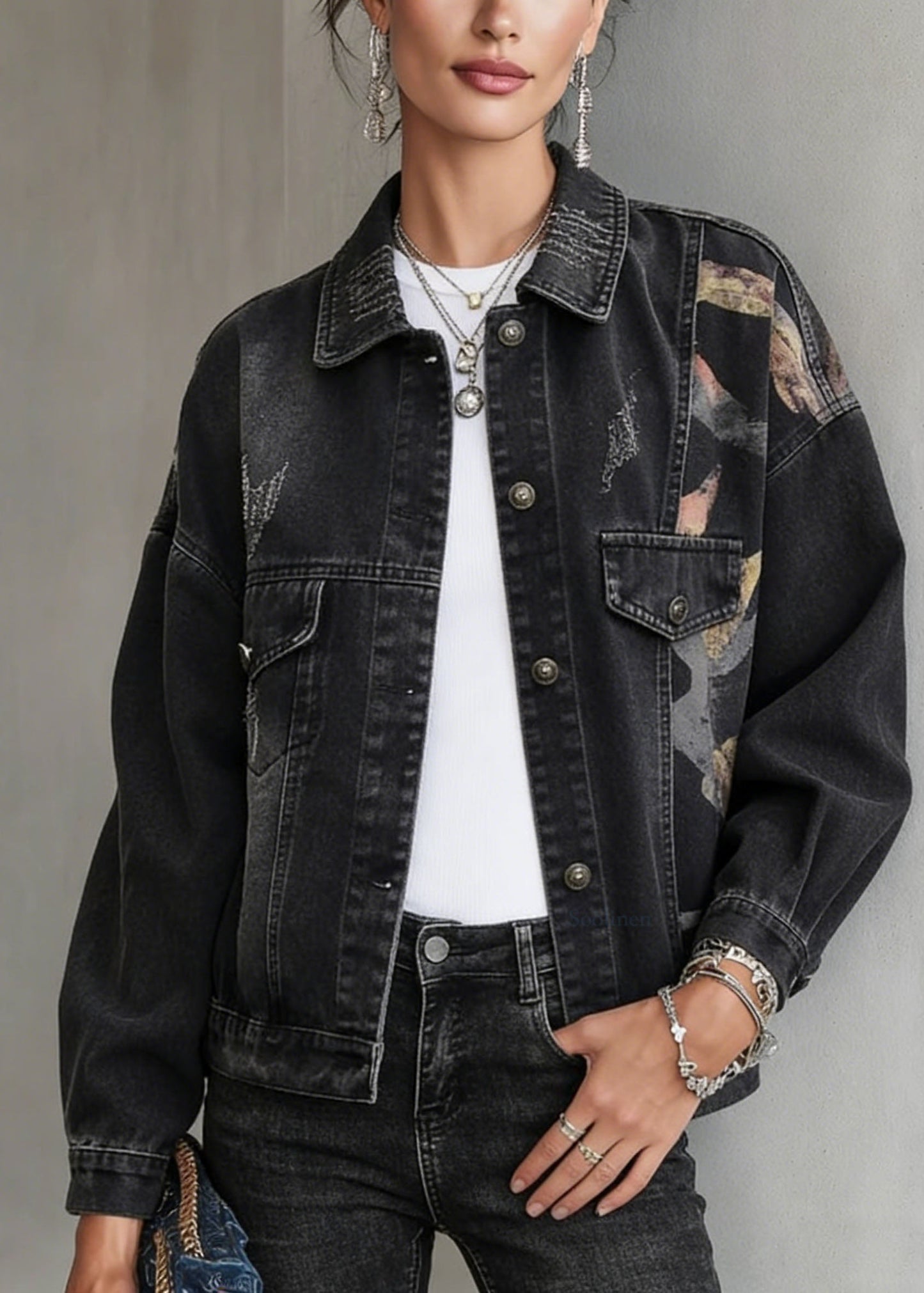 Black Peter Pan Collar Pockets Print Denim Jackets Spring