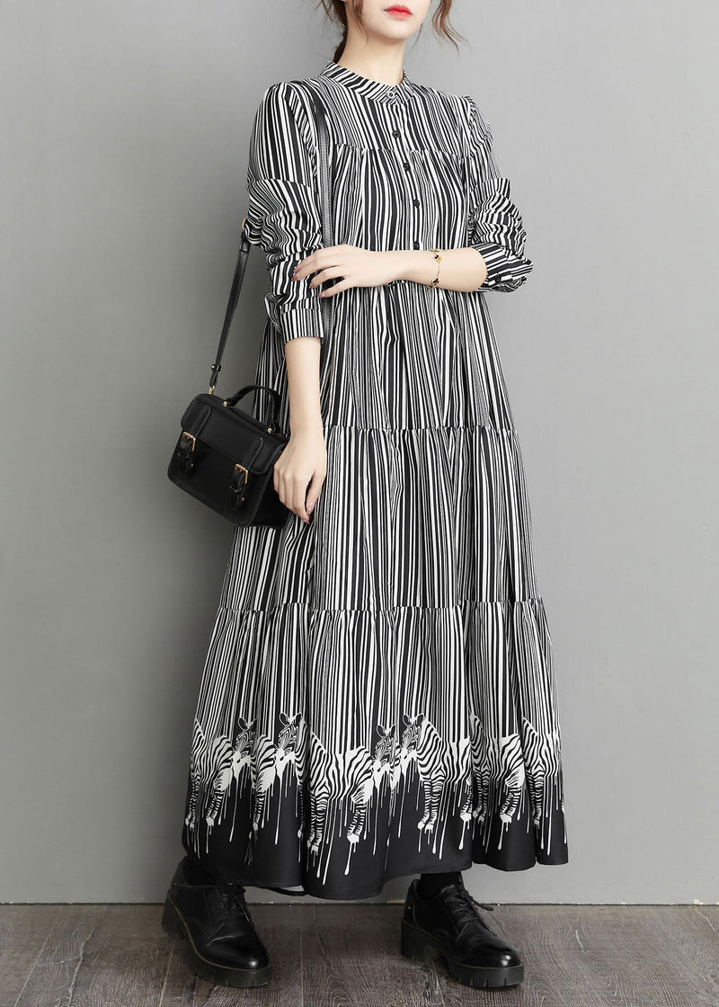 Black Peter Pan Collar Striped Patchwork Dress Spring