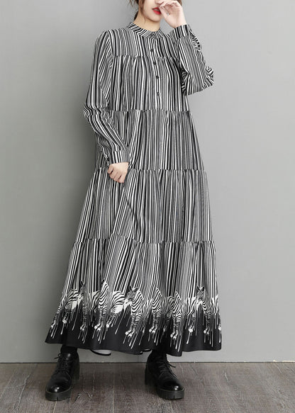 Black Peter Pan Collar Striped Patchwork Dress Spring
