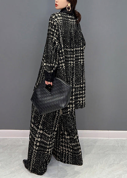Black Peter Pan Collar Striped Woolen Top and Straight Pants Two Pieces Set Winter